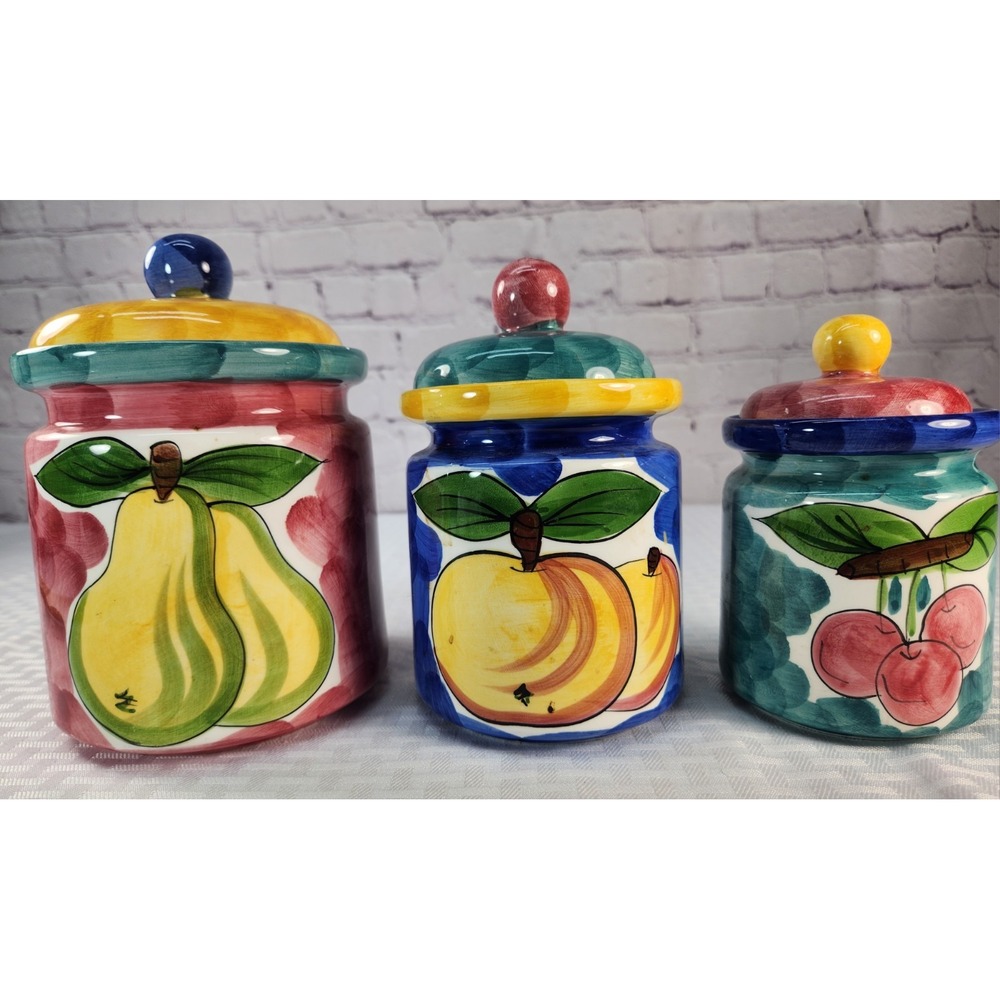 Vintage Ceramic Fruit Kitchen Canister Set 3pc Hand Painted Fruita De Roma